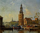 Amsterdam Canvas Paintings - A view of the Montelbaanstoren Amsterdam